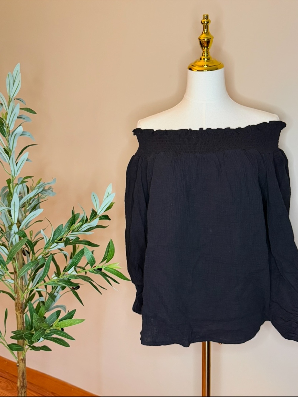 490. Magnolia Boutique Off-Shoulder Black Smocked-Neck Blouse - Women Tops - Picture 2 of 4